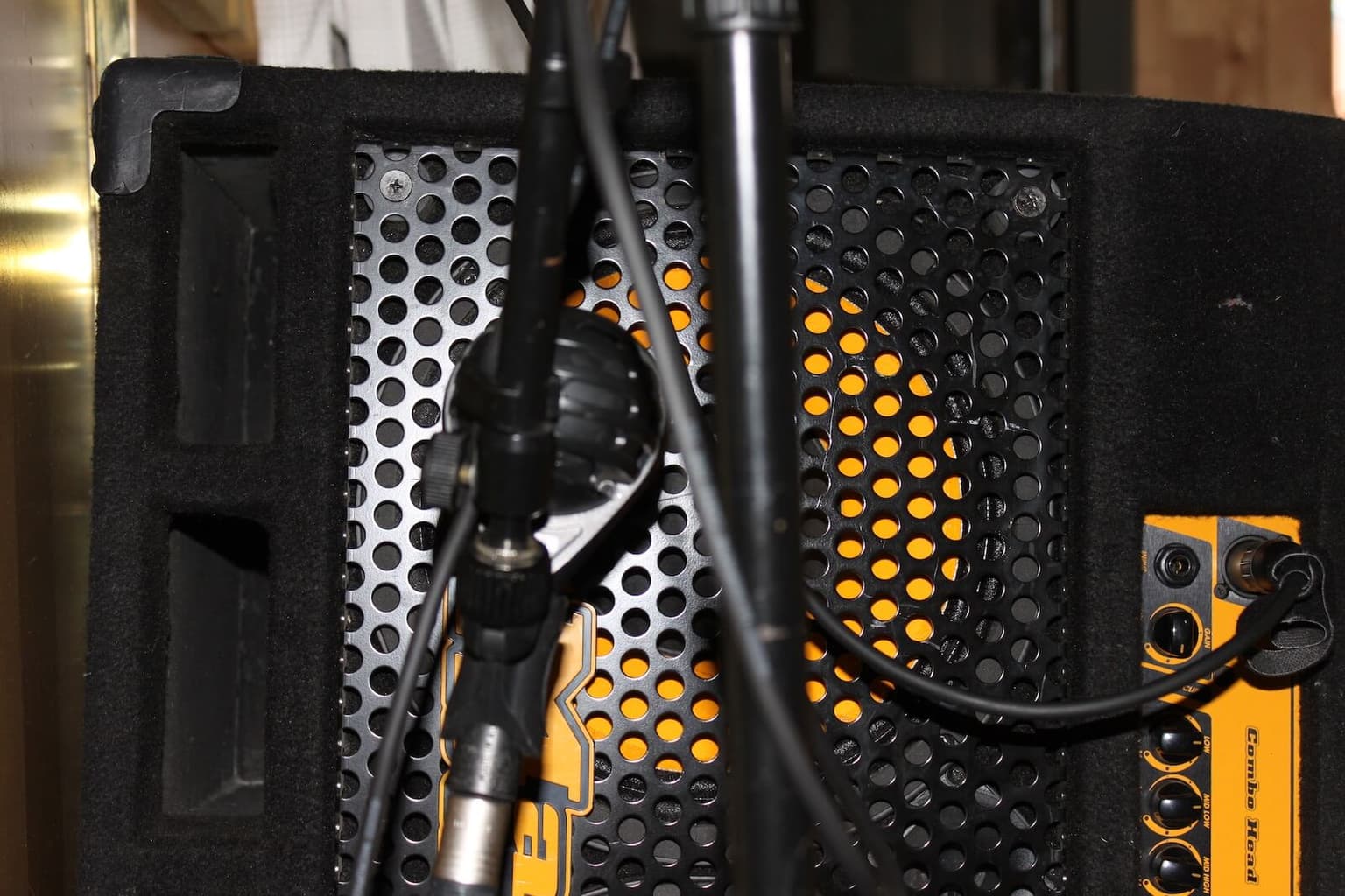Markbass cabinet mic'd up with the Combo Head visible above