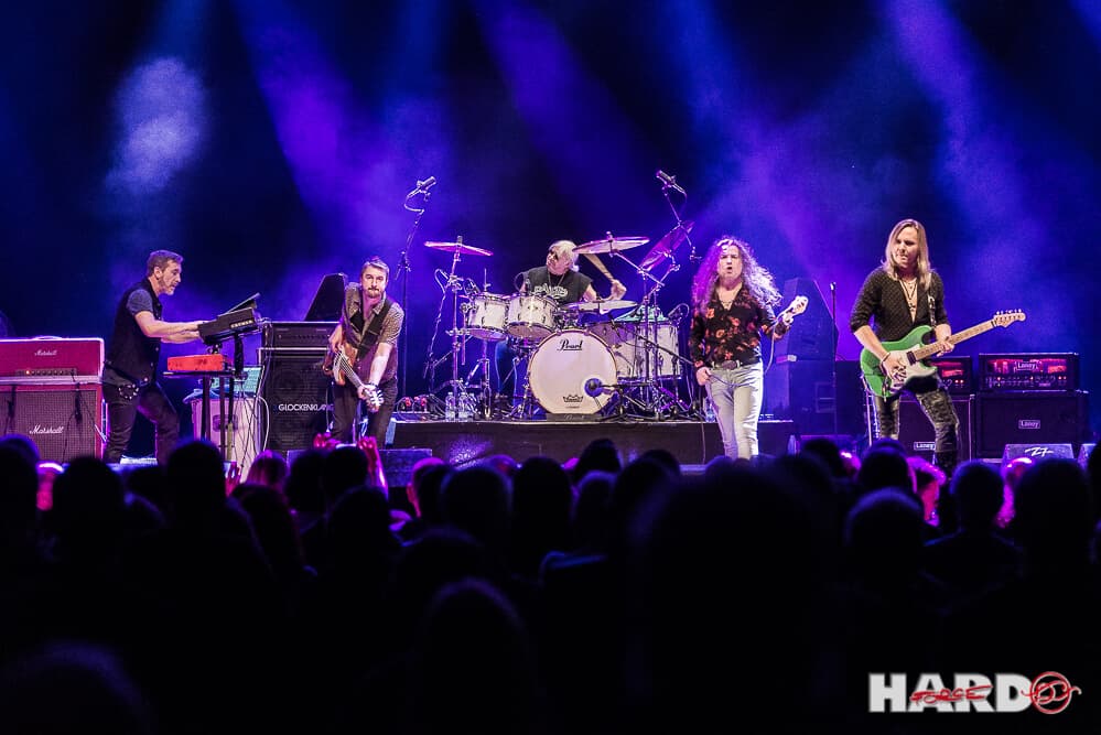 Live full-band concert performance, bassist stage left