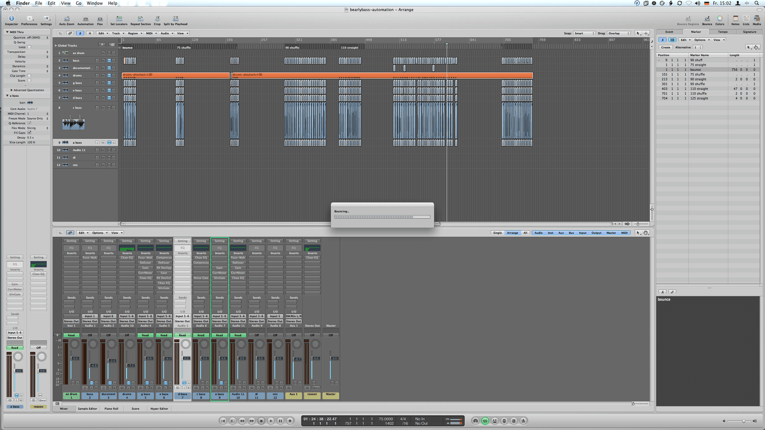Logic Pro bounce session with multiple bass tracks